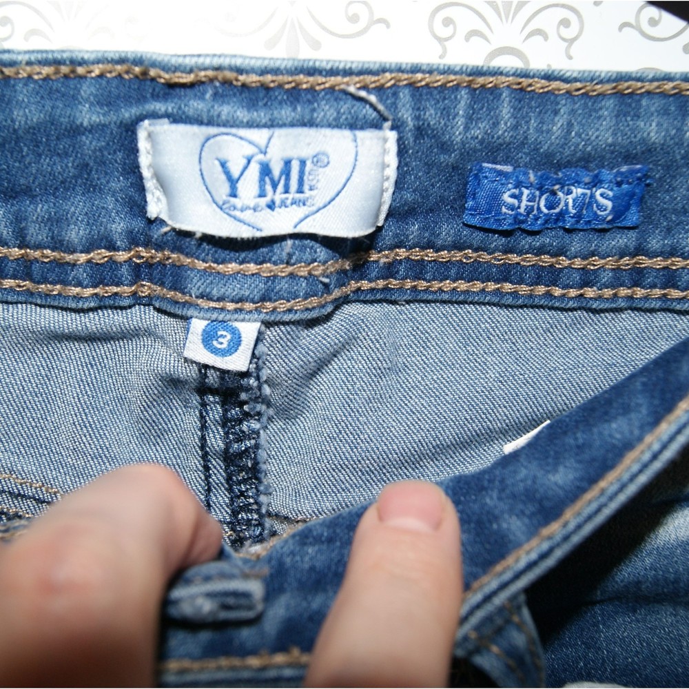YMI Jr Sz 3 Embroidered Denim Shorts Floral Distressed High Rise Poly Cotton - Picture 10 of 11